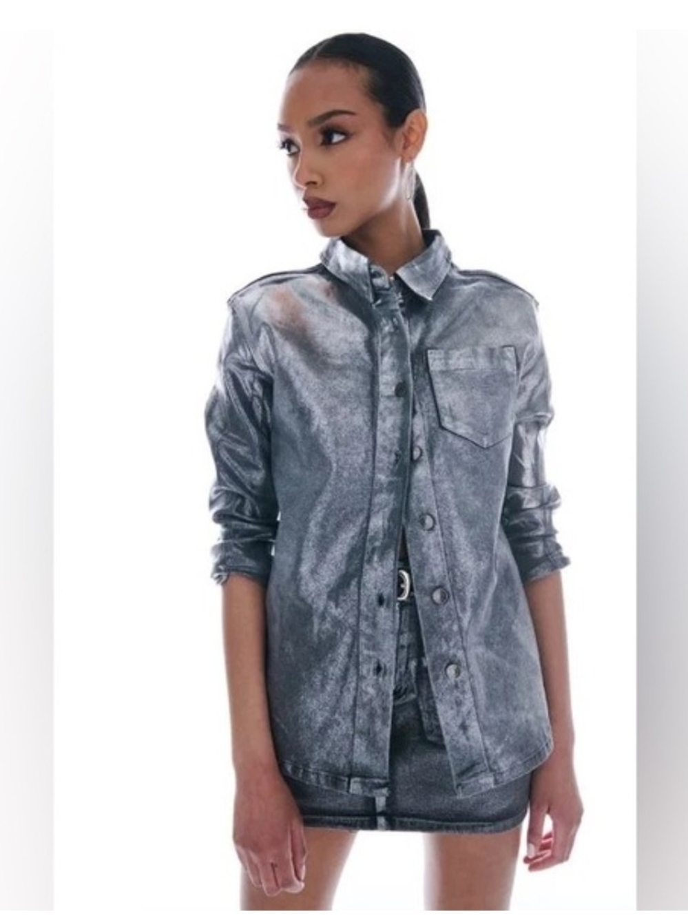 AKIRA Metallic Silver Denim Shirt Jacket